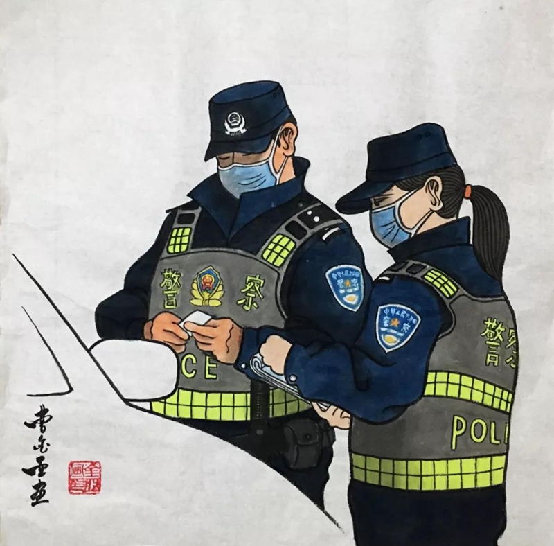 警察抗疫手绘图片